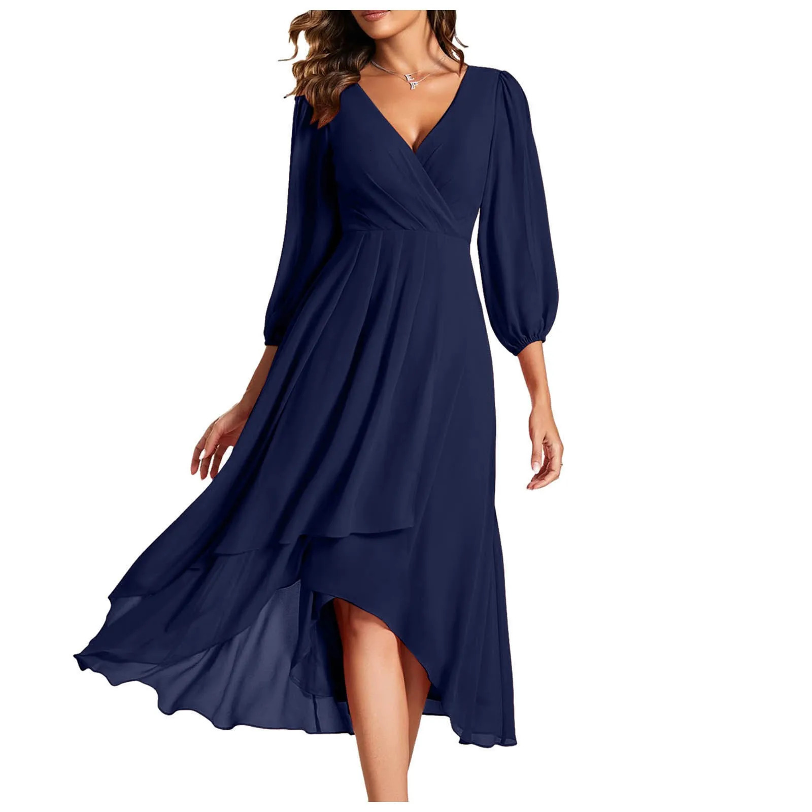Women Chiffon Spring V Neck Long Sleeves Pleated A Line Midi Length Wedding Guest Dress High Low Dresses 240712