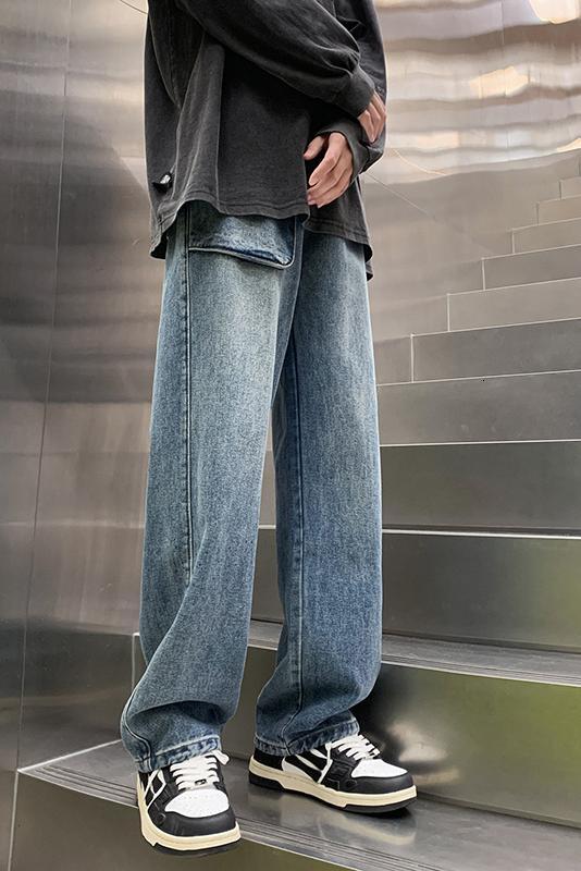 Discounted welfare summer loose straight leg pants for men, American high street yellow mud dyed jeans, men's large pocket