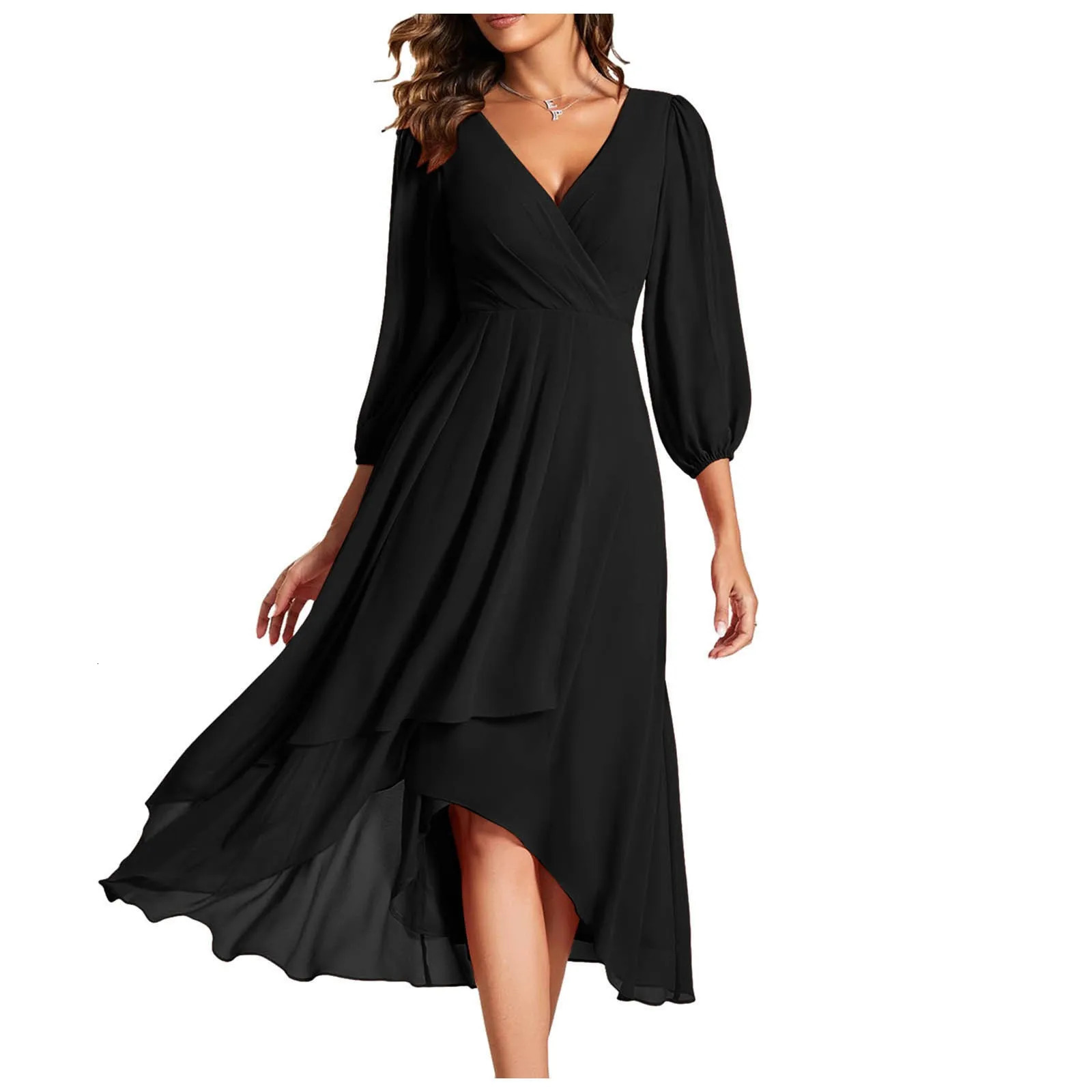 Women Chiffon Spring V Neck Long Sleeves Pleated A Line Midi Length Wedding Guest Dress High Low Dresses 240712