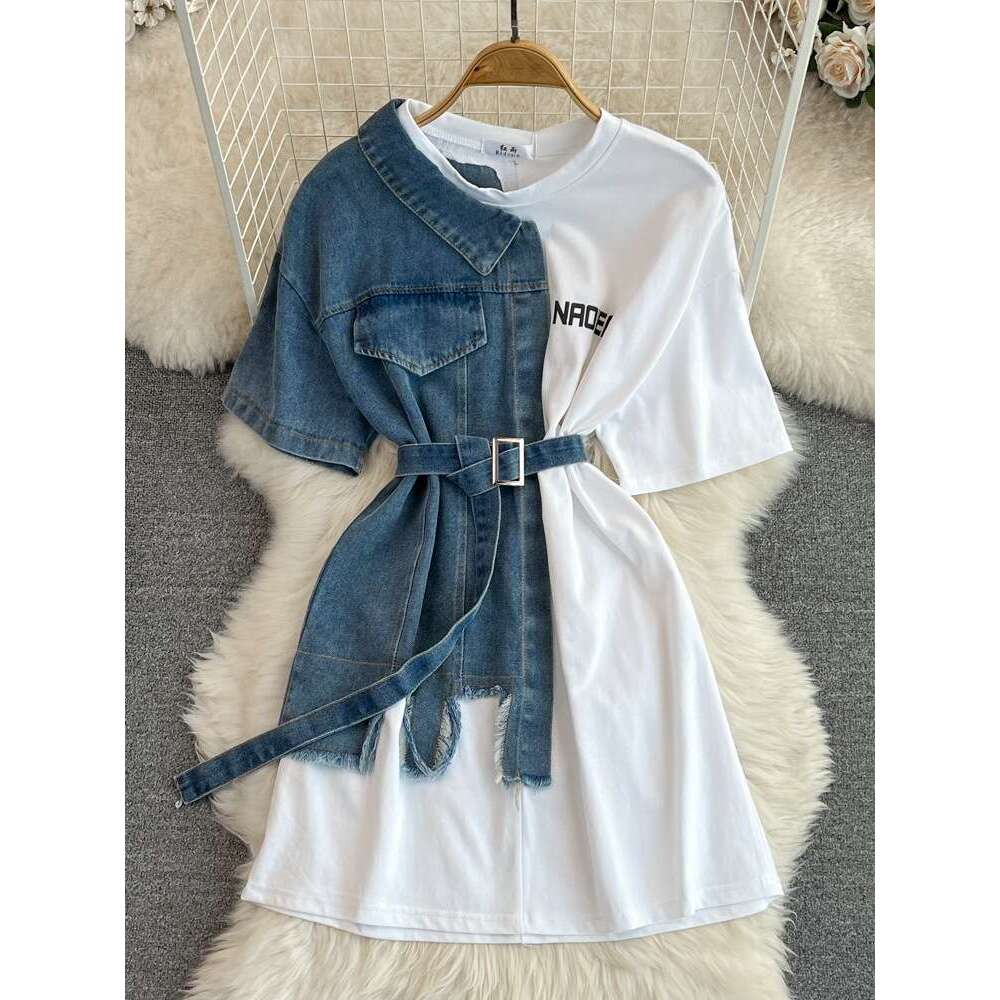 Hong Kong Style Waistband with Round Neck and Color Matching Denim Shirt, Spring New Chic Casual Mid Length Loose Novelty Denim Dress BOHO DRESS