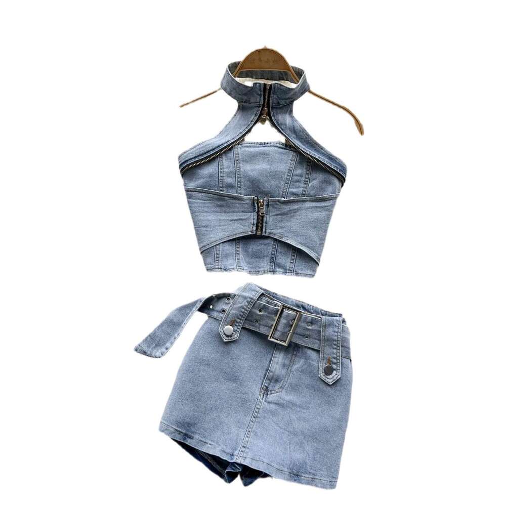 Fried Street Spicy Girl Cowboy Womens Summer New Hanging Neck Short Top Half Skirt Two Piece Set Novelty Temperament Loose Bifurcated BOHO DRESS