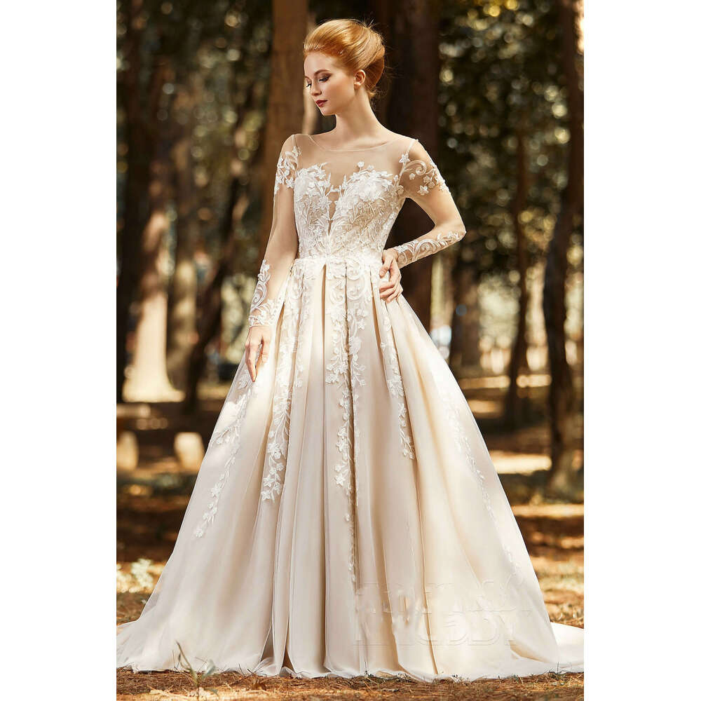 Illusion Sheer Long Sleeves Lace Applique Tulle A E Wedding Dresses Court Train Custom Made Vestido De Morrie