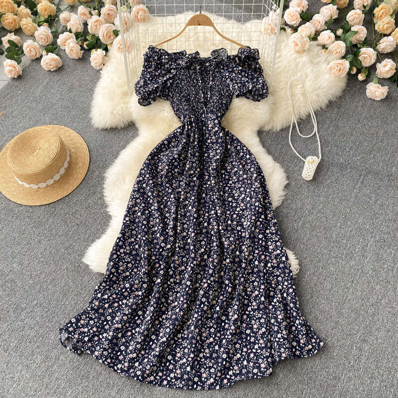 Little Fresh French Fairy Fragmented Flower with High Drawstring and Folded Waist for Slimming Big Swing Long Dress Waist Short Oversize Dress