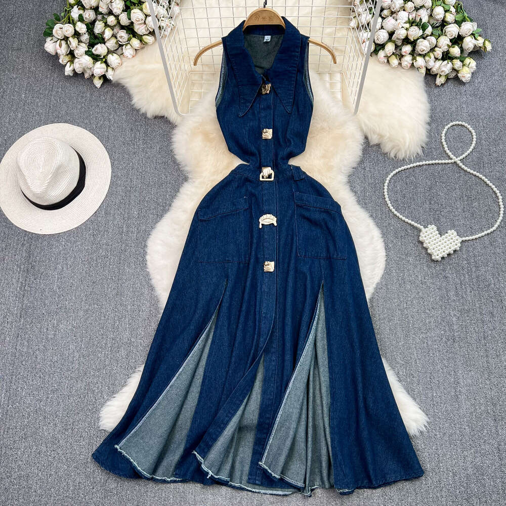 Flip Collar, Hollowed Out, Exposed Waist, Waistband, Slimming Effect, Sleeveless Single Breasted A-line Split Denim Dress, Casual Long Dress BOHO DRES