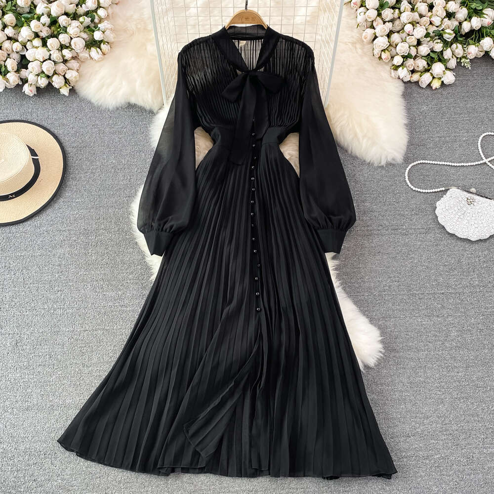 Light Luxury Temperament Bow Tie V-neck Waist Single Breasted A-line Pleated Dress Elegant Large Hem Long Skirt Self-cultivation Oversize Dress High W
