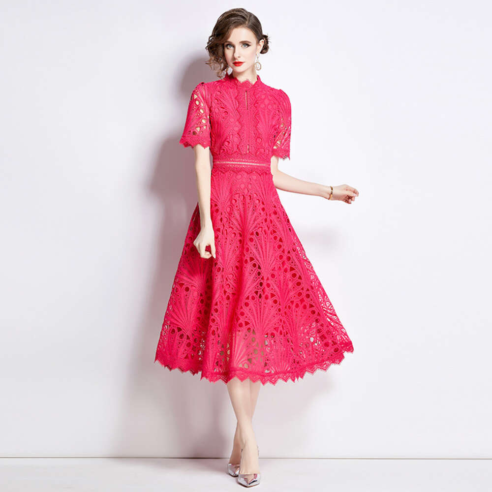 French Haute Couture Lace Patchwork Round Necked for Womens Summer New Collection Waist Slimming Style Large Hem Dress Pregnant Womens Dress High Wais