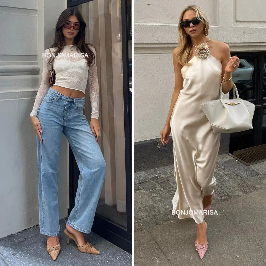 Bonjomarisa Pointed Toe Mules For Women Bowknot Elegant Heels Spring Fashion Stiletto Flock Sandal Slip On Comfortable Shoes 240712