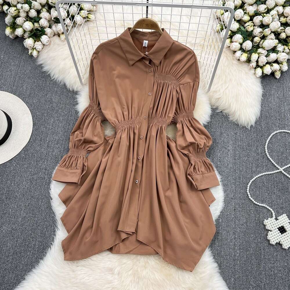 Hong Kong Style Single Breasted POLO Collar Slimming Shirt Skirt Spring High Waisted Long Sleeved Loose A-line Dress Temperament Silk Dress Round Neck