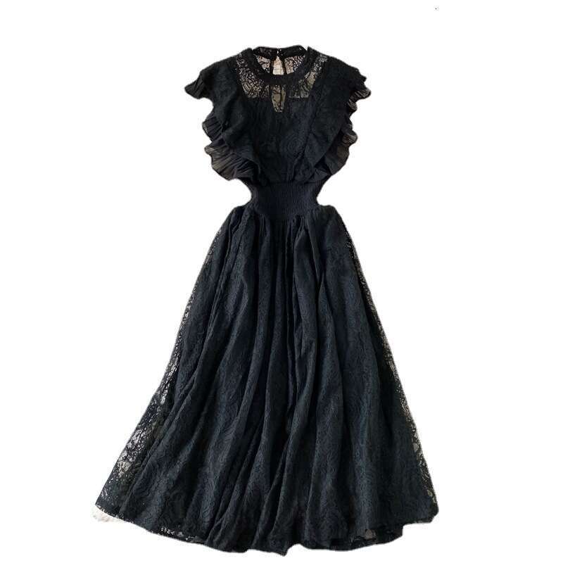 Spring Autumn Lace Round Neck Sleeves Fashionable Slimming and Elegant Ruffle Edge Long Skirt Dress Short Loose Temperament Bifurcated Silk Dress Deni