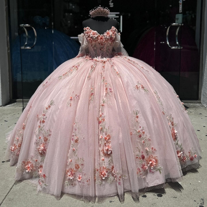 Sparkly Princess Pink Quinceanera Dresses Ball Sweet 16 Dress Beads Appliques Tull Tassels Birthday Vestidos 15 De Novia Party Gown