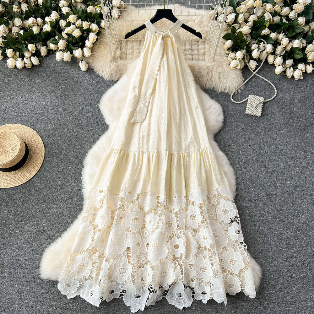 High End Neck Hanging Holiday with A Thousand Gold Style Dress, High-end Light Luxury, Niche Embroidery, Hollowed Out Lace Dress Pregnant Womens Dress