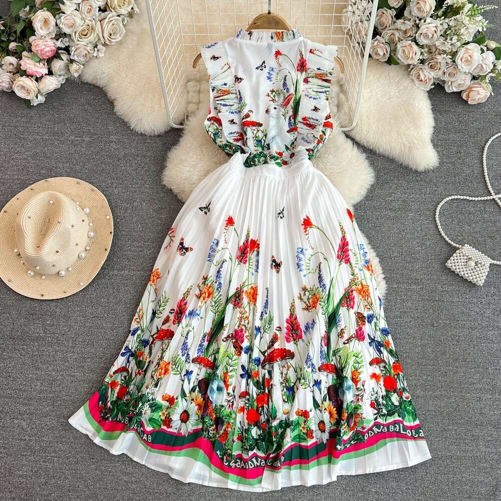 French Fashionable Countryside Flower Print Sleeveless Dress Summer New High Waist Slim Pressed Pleated Skirt Self-cultivation High Waist Dress Denim 
