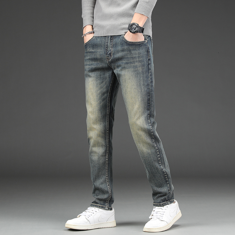 2023 new high-end jeans autumn and winter small straight leg men's elastic denim pants sub trend