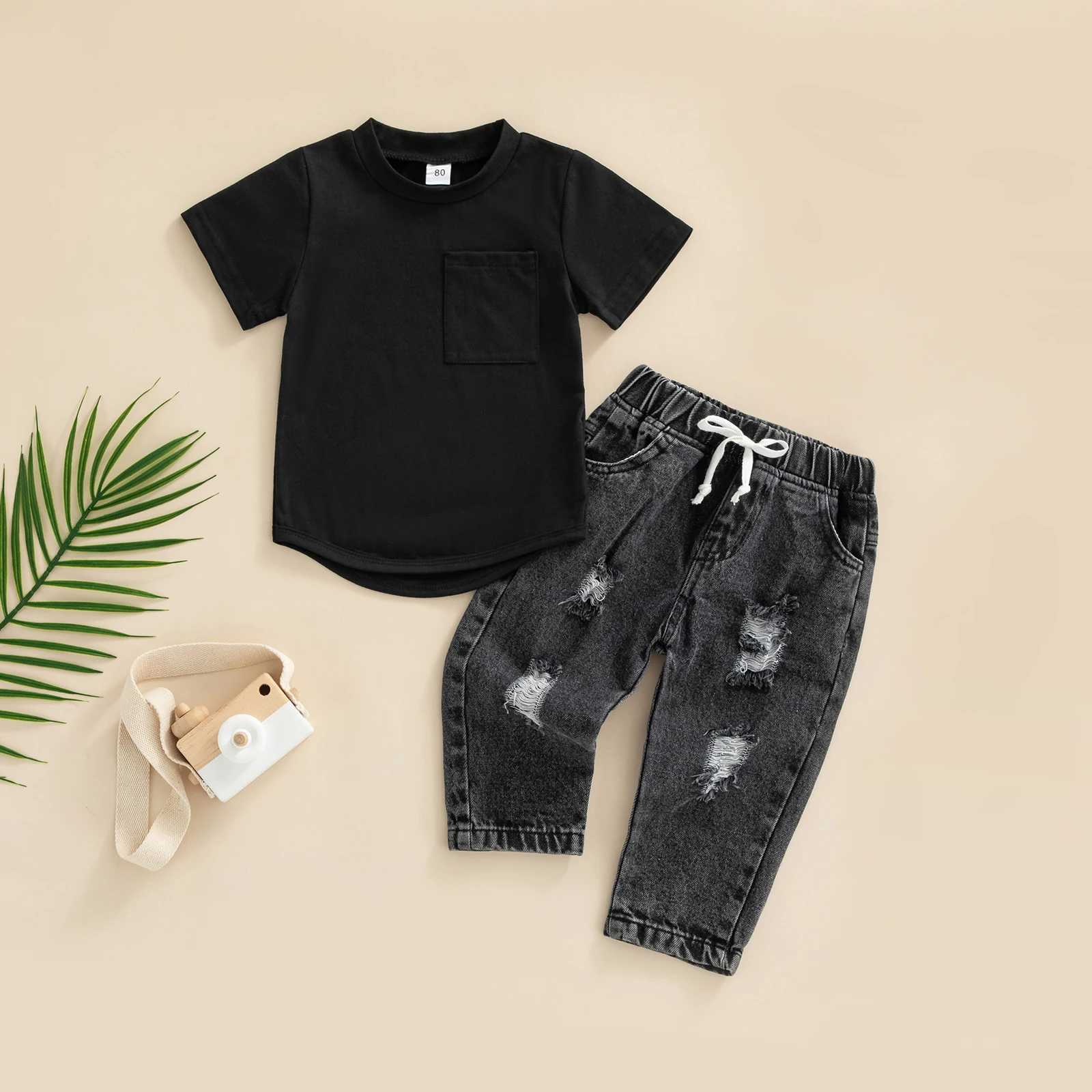 Clothing Sets Infant Baby Boys 2 Pieces Outfits Summer Solid Color Short Sleeve T-Shirt Tops + Ripped Jeans Denim Pants Set 0-3Y