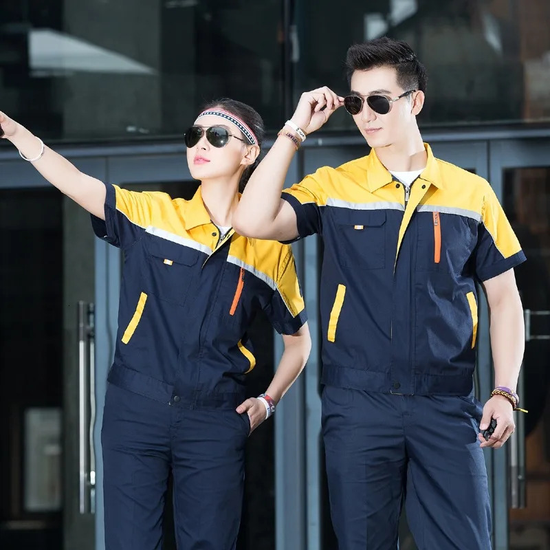 Men Workshop Wear Clothes Unisex Summer Short Sleeves Engineering Uniform Patchwork Jackets Pants Cleaner Work Wear 90 240716