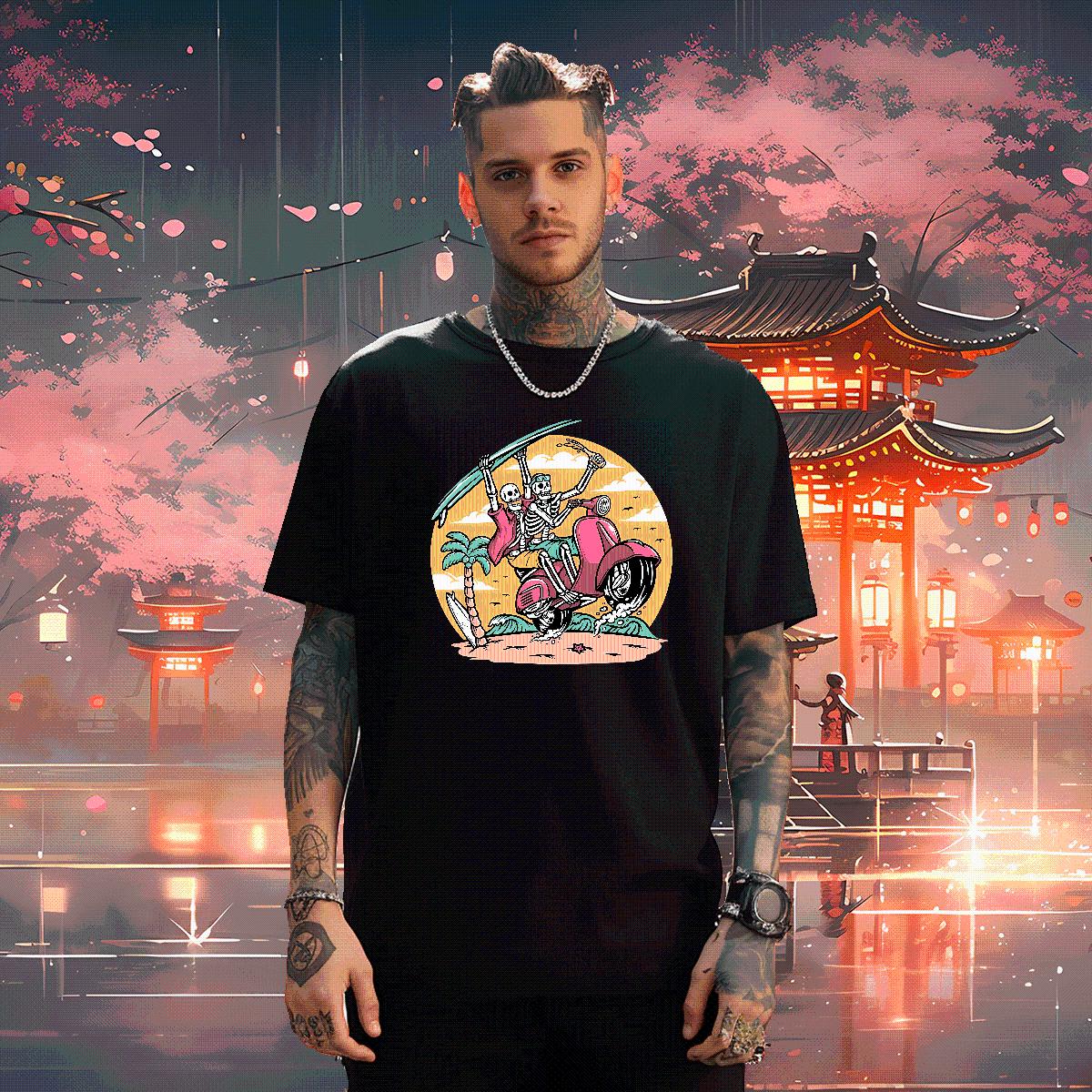 Fashion Designer Mens T Shirts Skeleton 230g Cotton Black White Beach Men Tees Breathable Crew Neck Loose Fit