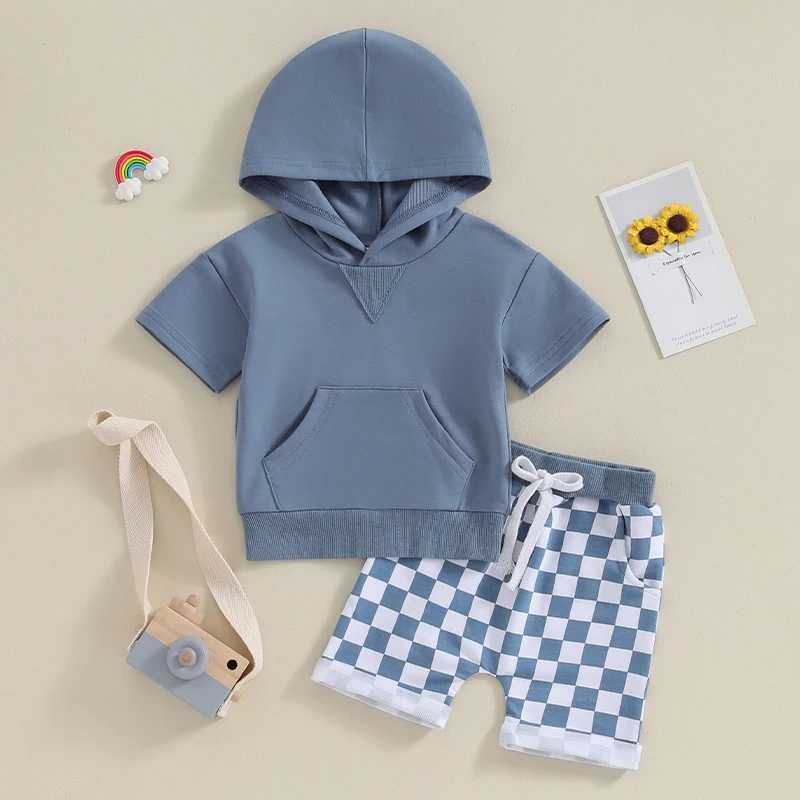 Clothing Sets Toddler Boys Summer Outfits Solid Color Hooded Short Sleeve T-Shirts Tops and Checkerboard Elastic Waist Shorts 2Pcs Clothes Set