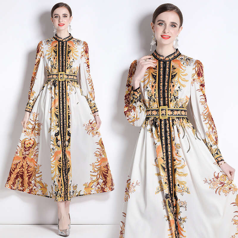 Womens Early Spring 2023 New Palace Style Standing Collar Dress with Button Design and Printed Long Skirt Bifurcated Oversize Dress Round Neck Dress