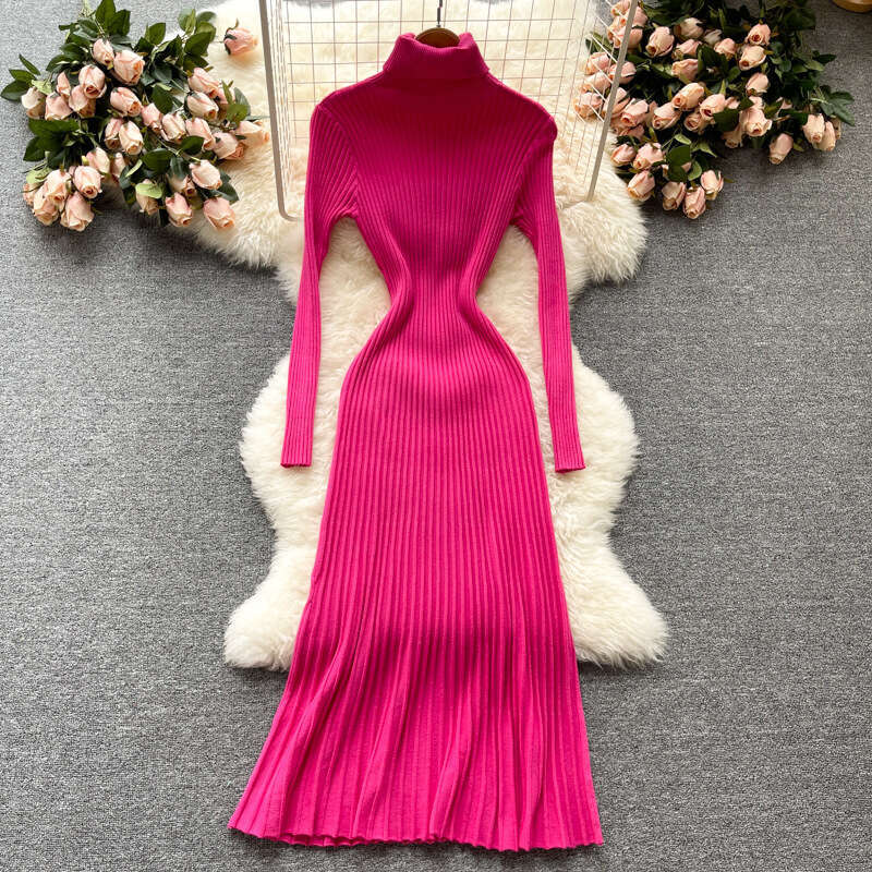 Autumn 2022 New Goddess Temperament High Neck Slim Fit Medium Long Style with Inner Bottom Skirt Knitted Dress Chiffon Floral Dress Short Sexy Silk Dr