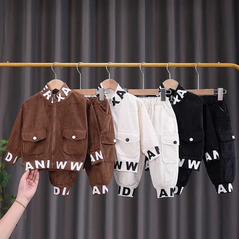 Clothing Sets Spring and Autumn Childrens Clothing Baby Corduroy Long sleeved Set for Boys and Girls Letter Zipper Cardigan Casual Sportswear