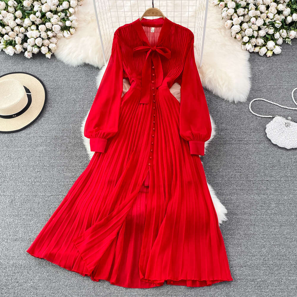 Light Luxury Temperament Bow Tie V-neck Waist Single Breasted A-line Pleated Dress Elegant Large Hem Long Skirt Self-cultivation Oversize Dress High W