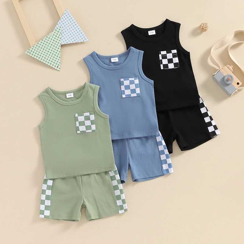 Clothing Sets Summer Infant Toddler Sleeveless Shorts Set Baby Kids Boys Cotton Pocket Tank Tops+Checkerboard Shorts Two-piece Suit 0-4Y