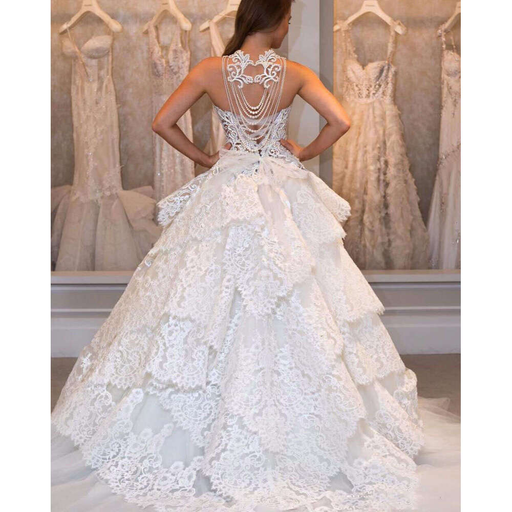 Lace Tiered Dresses Sheer Neck Sleeveless A E Bridal Gowns With Beading Chain On Back Wedding Dress