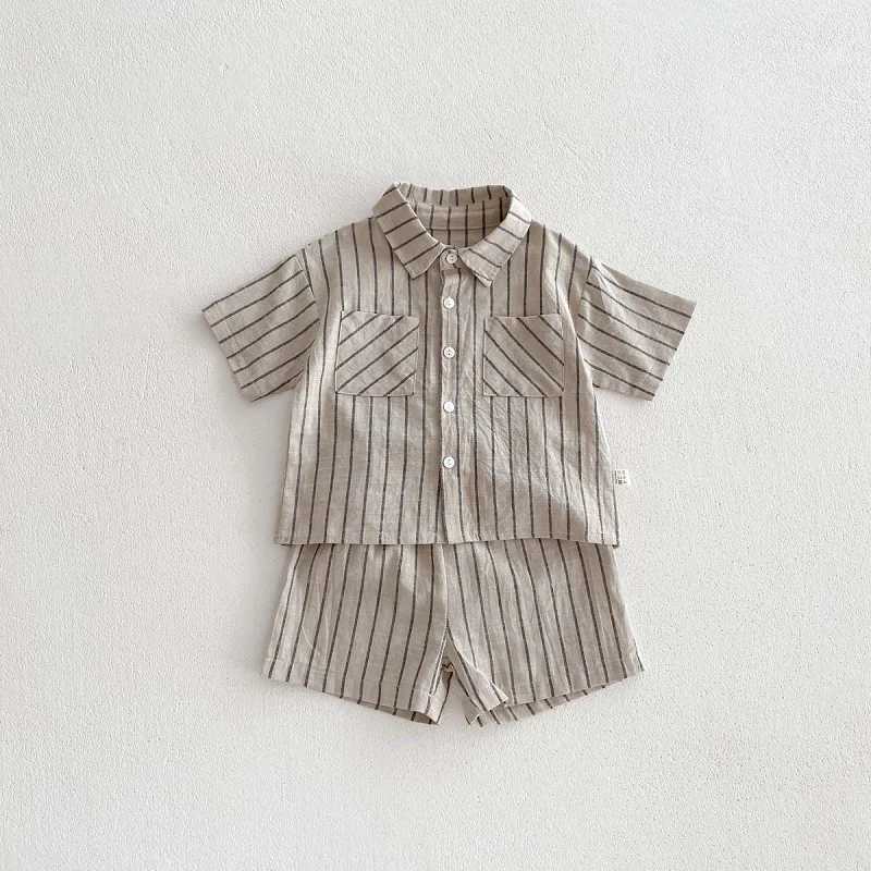 Clothing Sets Baby clothes 0-5-year-old baby retro striped short sleeved sports set 2024 summer childrens lapel shirt loosecasualtwo-pieceset 3KGV