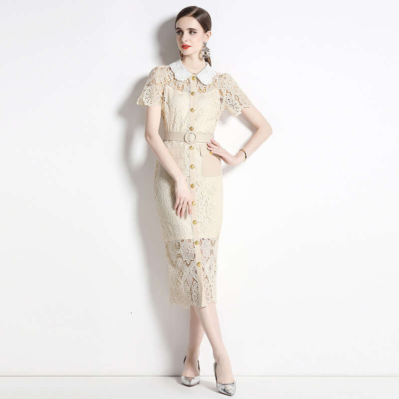 French Tea Break, Hepburn Style, Sexy and Scheming Doll Neck, Short Sleeved Lace Dress, Slim Fit, Medium Length, Buttocks Wrapped Skirt Lace Dress SKI