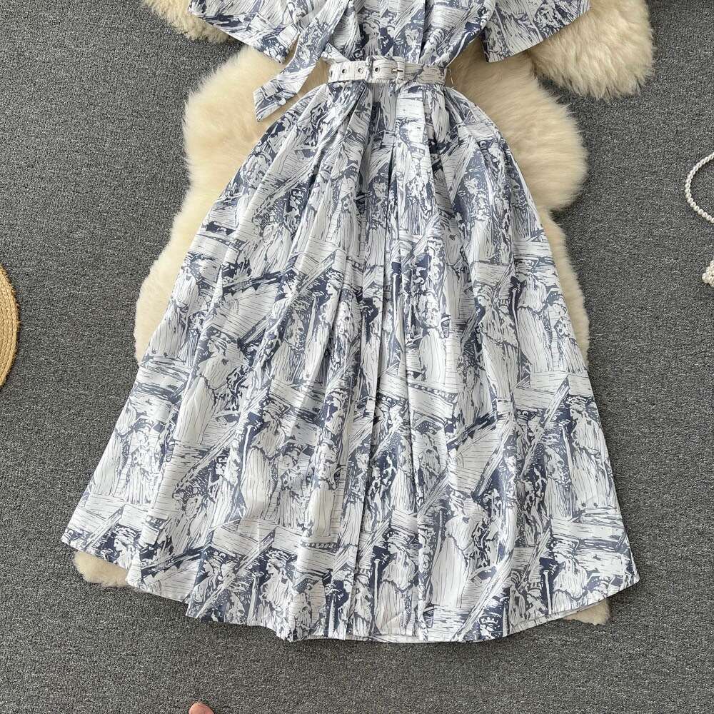 French Dress2024 Summer New and Elegant Style Fragmented Flower Lace Up Waist High End A-line Long Skirt Short Self-cultivation Waist Pregnant Womens 
