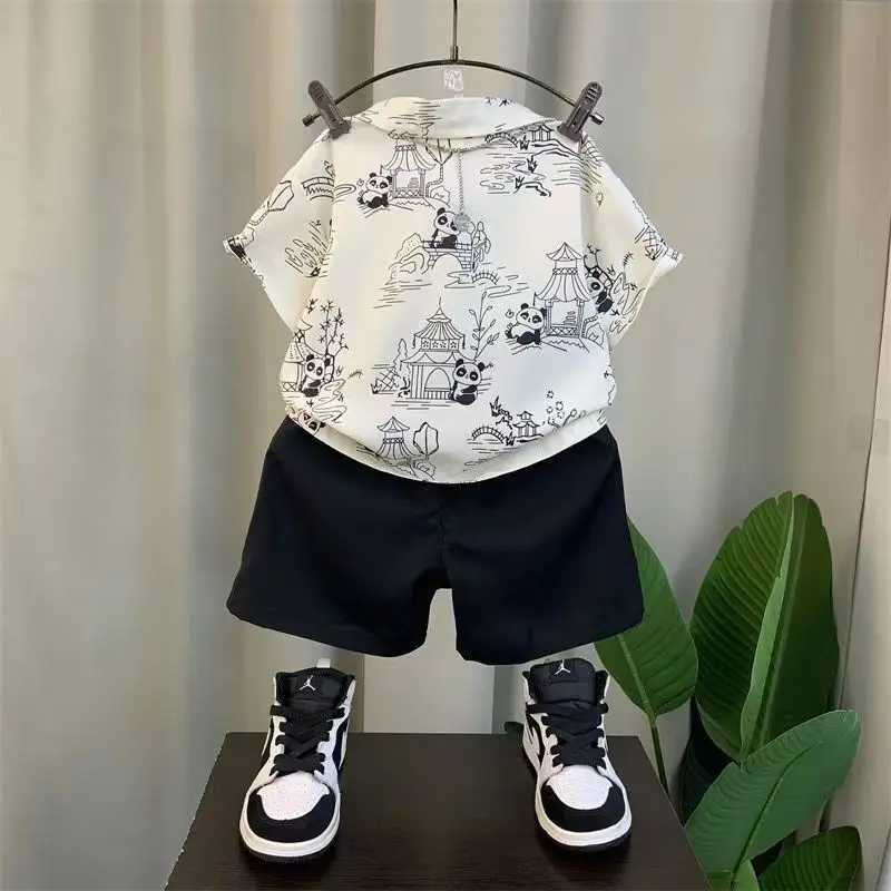 Clothing Sets Childrens Short sleeved Set New Boys and Babies Summer Cotton Shirt Shorts 2-piece Set of Childrens Chinese Clothing Suit 2-9Y