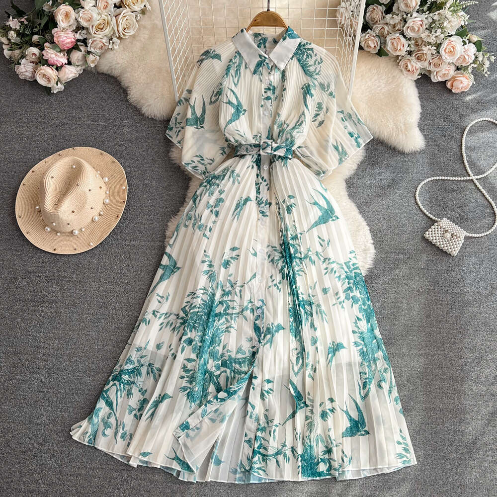Light Mature Style, Short Sleeved Lapel with Waistband Slimming Effect, Single Breasted Printed Pleated Shirt Dress for Summer Loose Short Oversize Dr