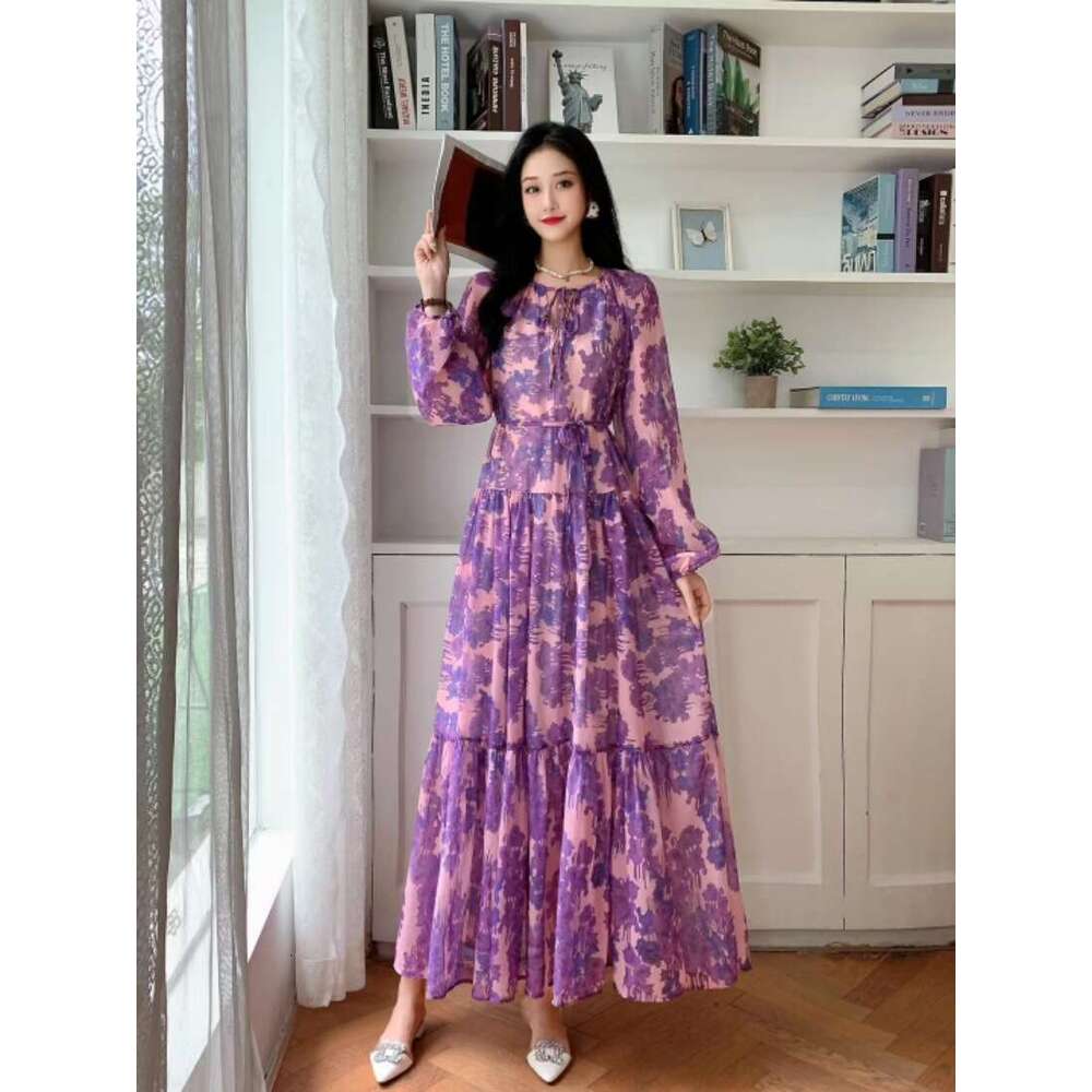Romantic Floral Dress for Women in Autumn with Lantern Sleeve Strap Design, Exuding A Sense of Elegance and Sophistication Round Neck Dress High Waist