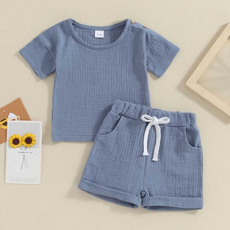Clothing Sets Toddler Infant Boy Summer Set Children Clothes Short Sleeve Tops Elastic Waist Folded Hem Shorts with Pocket 2 Piece Boy Outfits