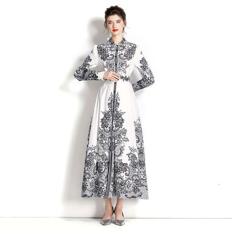 Spring and Autumn Long Sleeved Palace Single Door Lapel Lantern Sleeve Printed Skirt Dress Style Sexy Temperament Bifurcated Waist Round Neck Dress La