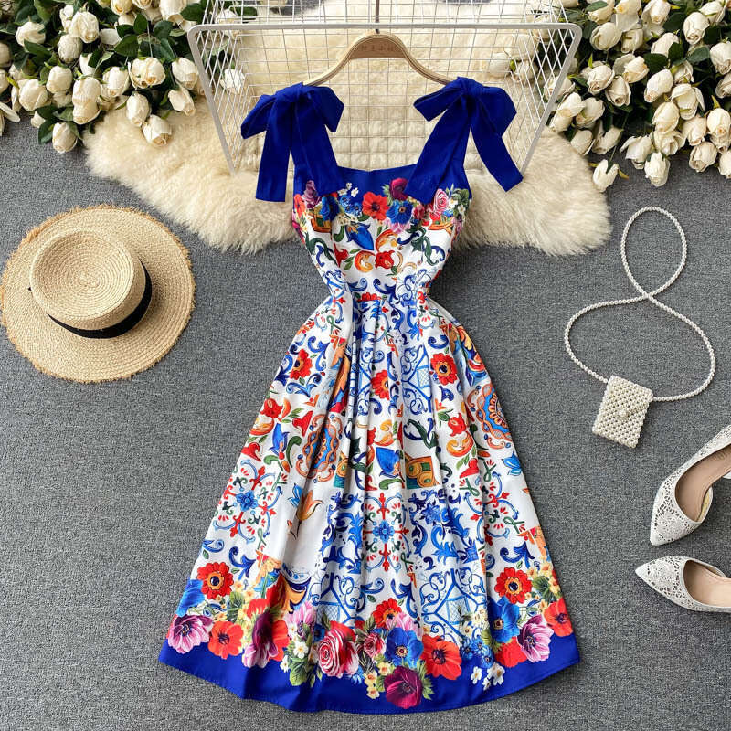Light Luxury Small Socialite, High-end Clothing, Trendy Brand Printed Suspender Dress, Womens Summer Dress Self-cultivation Waist Loose BOHO DRESS SKI