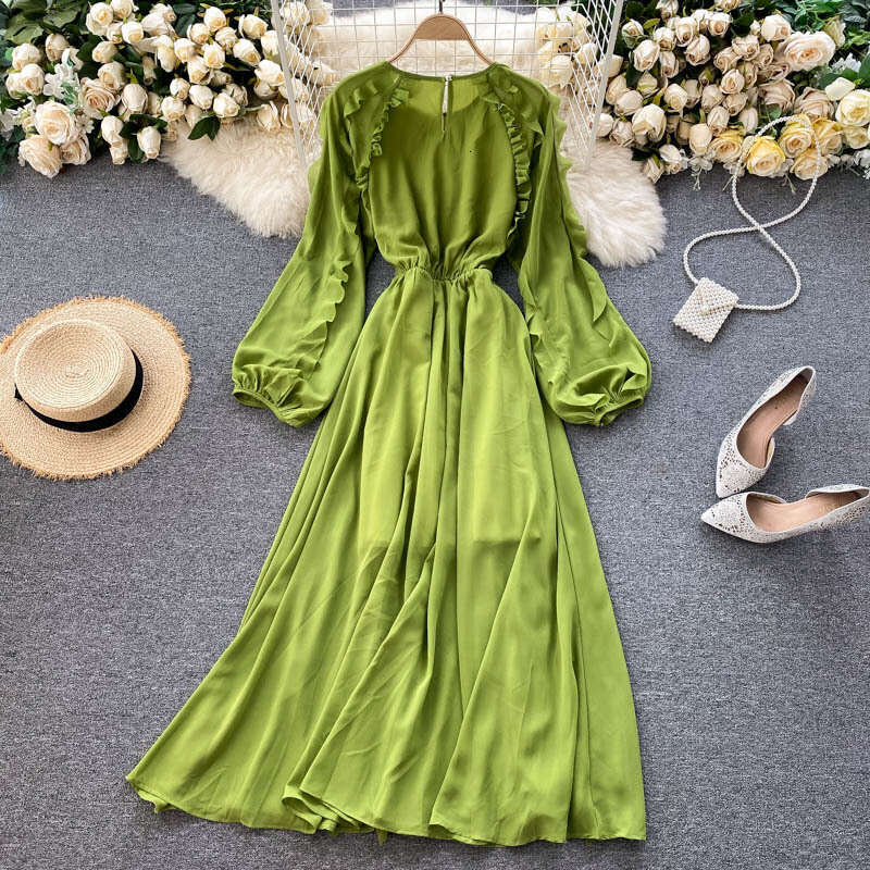 Fairy Gentle Style 2020 New Autumn/winter Design Sweet Auricular Edge Bubble Sleeves Holiday Long Dress Temperament Sexy Round Neck Dress Silk Dress