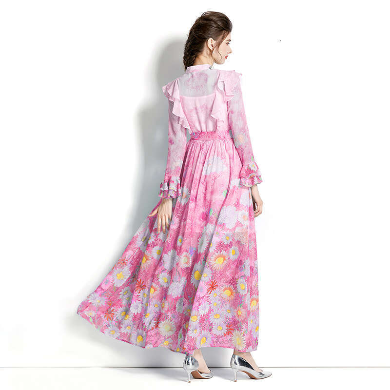 Design-2023 Early Spring Stand Up Collar, Ruffle Edge, Flare Sleeves, Long Printed Dress Fishtail Dress Self-cultivation Sexy Oversize Dress SKINNY DR