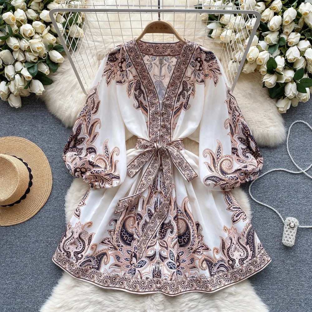 Vintage Print Elegant Puff Sleeve Aline Vneck Mini Dress Casual Women Fashion Autumn Spring 240715