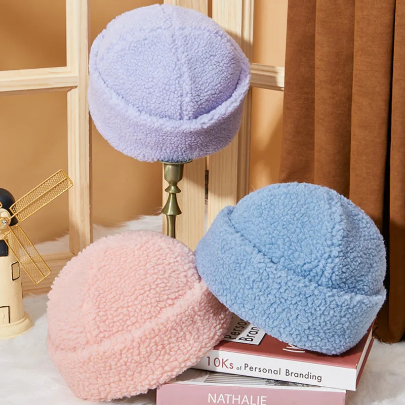 Lady Vintage Docker Cap Brimless Beret Big Size Beanie Hats Literary Landlord Faux Lamb Fur Sailor Men Hip Hop Skullies 240716