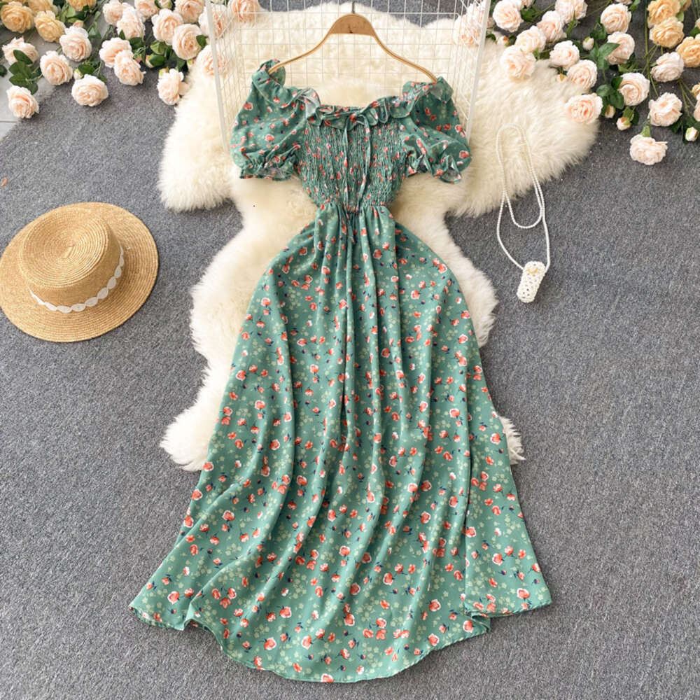 Little Fresh French Fairy Fragmented Flower with High Drawstring and Folded Waist for Slimming Big Swing Long Dress Waist Short Oversize Dress