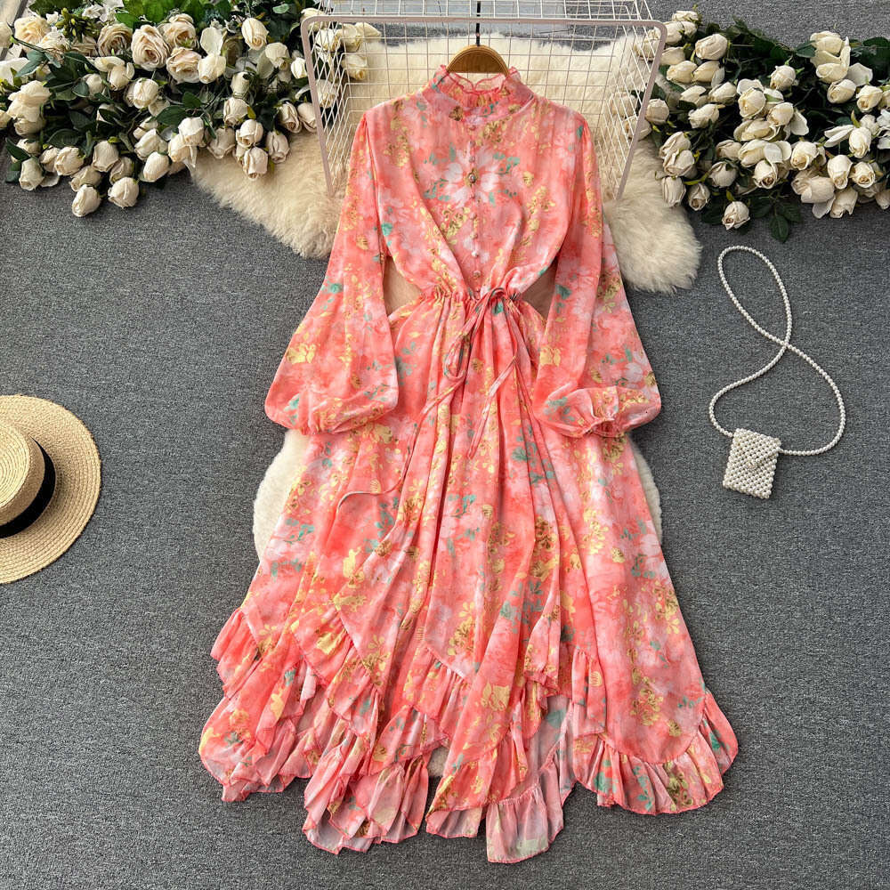 European Style Lantern Sleeve Floral Dress for Women with Spring Drawstring Waist Design, Sleeved Ruffled Edge Fairy Long Skirt Loose Temperament Silk
