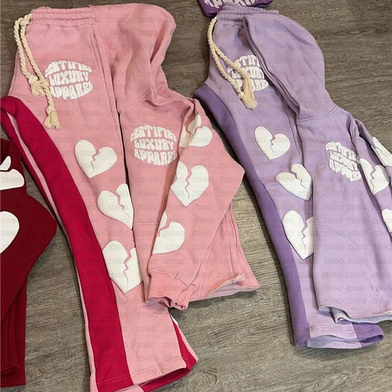 Y2K hoodie Foam Printed Hooded Sweatshirt Jacketed Letter Heart Pattern Long Sleeved Unisex Clothing Men Women Top Sweatpants 240708