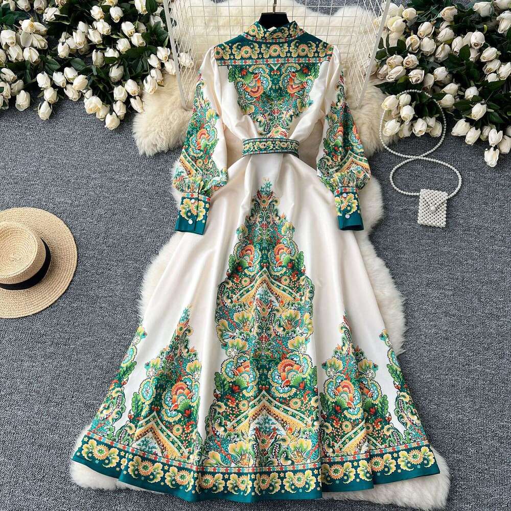 High End Formal Dress, Elegant and Fashionable Palace Style, Printed Waist Cinching Single Breasted Large Swing French Dress Loose BOHO DRESS Round Ne
