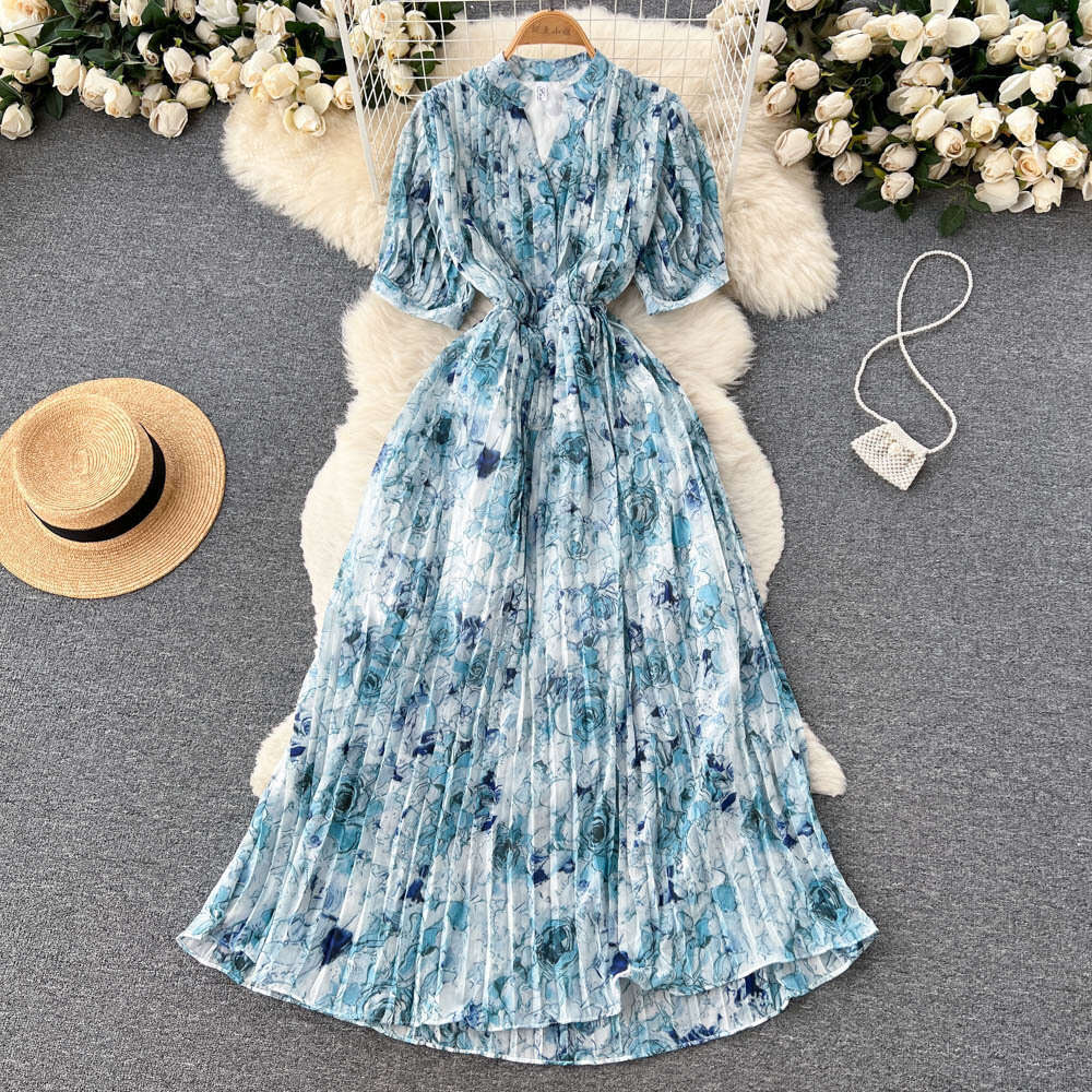 French Waistband with Slimming Design and A Small Crowd Pressure Pleated Bubble Sleeve Dress for Womens Clothing Korean Style Floral Long Skirt Oversi