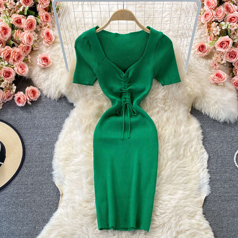 Square Neck Elastic Knitted Dress Summer New Korean Version Waist Cinching Slimming Temperament Drawstring Tight Fitting Hip Hugging Short Skirt Denim