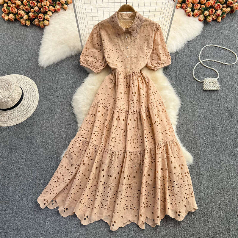 Spring Autumn Korean Edition Slim Bubble Sleeve Doll Neck with High Waist, and Elegant Style, Vacation Big Swing Long Dress Pregnant Womens Dress