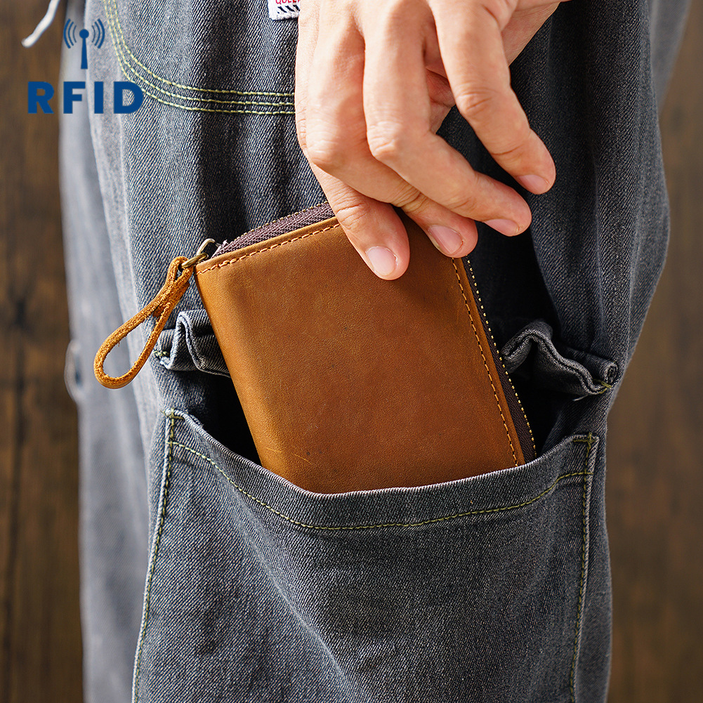 Crazy Horse Leather Card Holder for Men Zipper Card Wallet Rfid Card Purse For Male Carteras With Cardholders Woman Purse