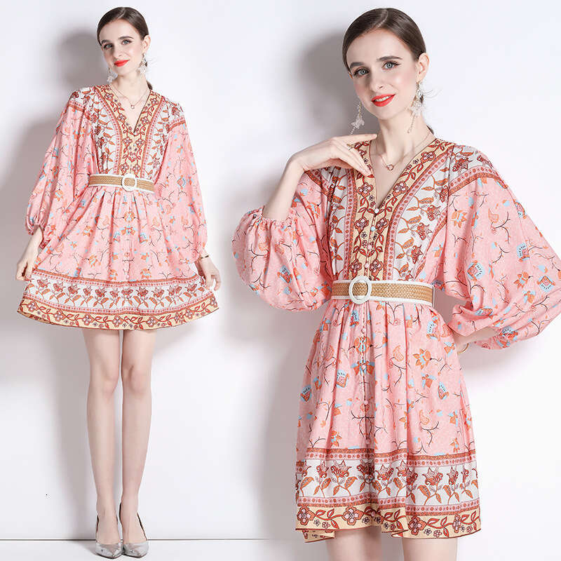 Dress 2023 Spring/summer New Minimalist Print Elegant Temperament Short V-neck Dress Floral Dress Long Summer Dress Temperament Waist Novelty Silk Dre