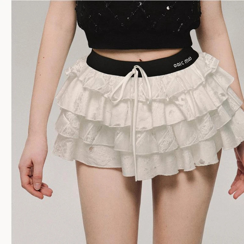 Deeptown Kawaii Sexy Ruffle White Mini Skirt Fairycore Cake Pleated Lace Up Short Skirts Coquette Casual Layered Patchwork Skirt 240710